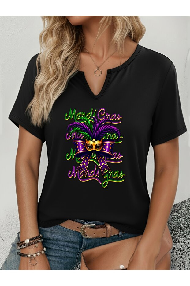 Women's Mardi Gras Printed Half V-Neck Sleeves Regular Fit Casual T-Shirt