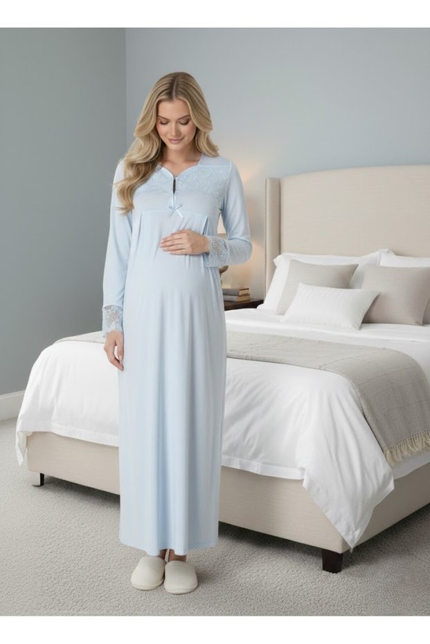 New Season Blue Full Length Lace Detailed Buttoned Special Design 100% Cotton Maternity Nightgown