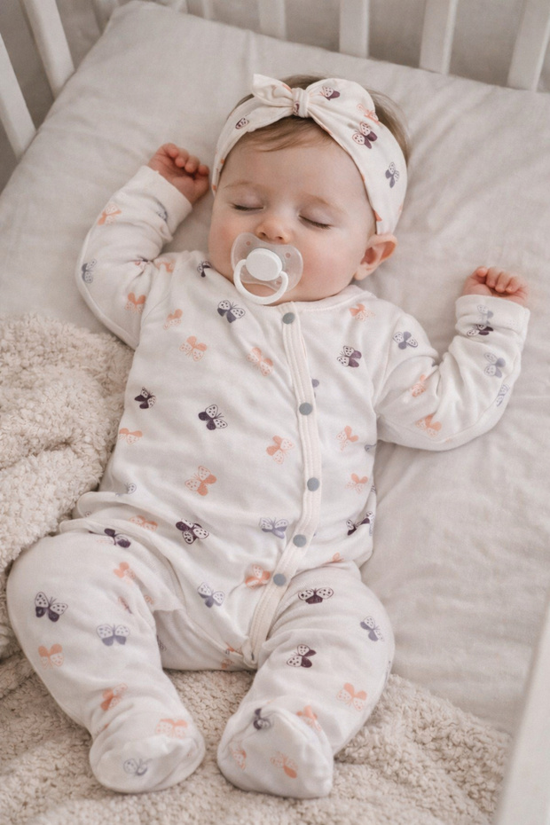 Organic Butterfly Figured Bandana Baby Girl Newborn Jumpsuit with Booties