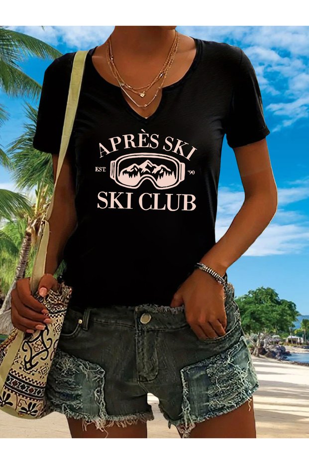 Women's Apres Ski Printed Half V-Neck Sleeves Regular Fit Comfortable T-Shirt