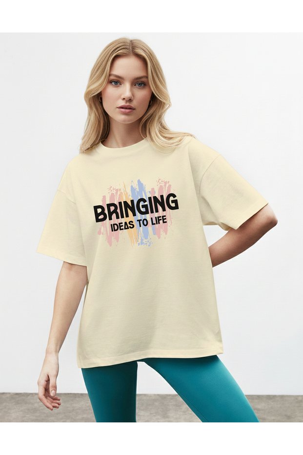 Women's Modern Art Printed Crew Neck Beige T-Shirt