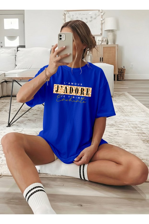 Women's Leopard Detailed J'Adore Written Cobalt Blue T-Shirt
