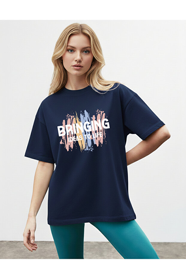 Women's Modern Art Printed Crew Neck Navy Blue T-Shirt