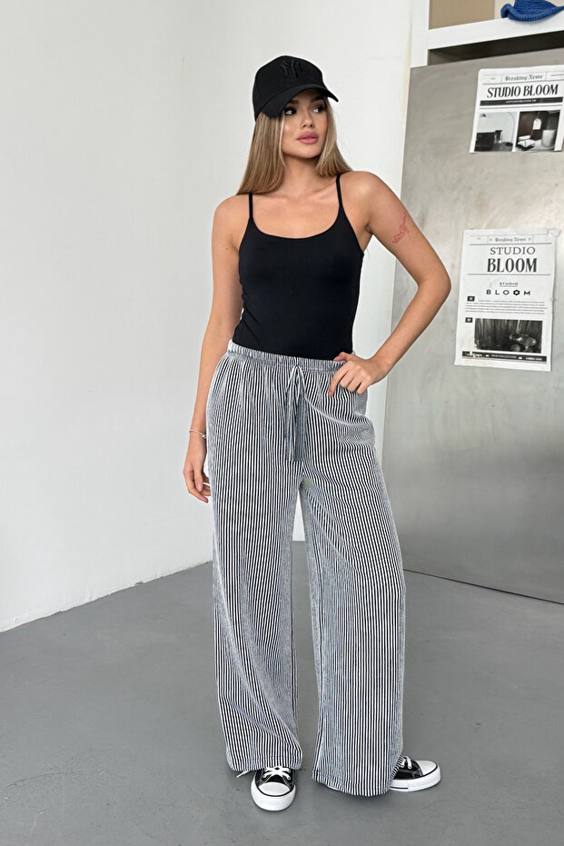Women's Elastic Waist Wide Leg Striped Trousers Navy Blue - 26Y 5004