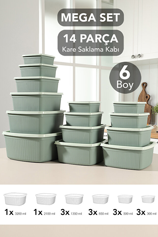 Set of 14 Striped Square Storage Containers - 6 Sizes Microwave Safe Organizer Food Container Green