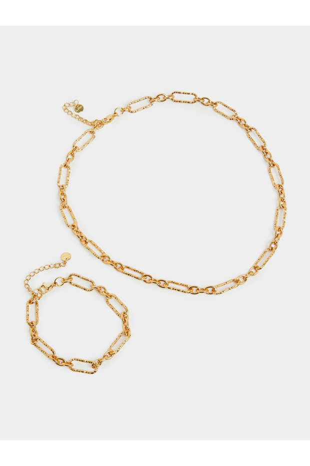 Gold Textured Chain Necklace and Bracelet Set