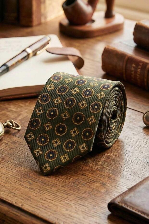 Colmegna Style Khaki Motif Pattern Italian Silk Tie İk2235