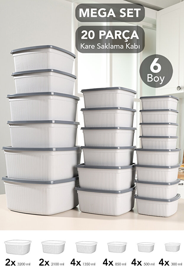 Set of 20 Striped Square Storage Containers - 6 Sizes Microwave Safe Organizer Food Container Gray