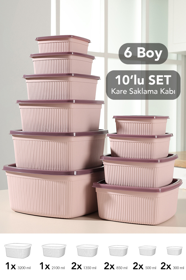 Set of 10 Striped Square Storage Containers - 6 Sizes Microwave Safe Organizer Food Container Pink