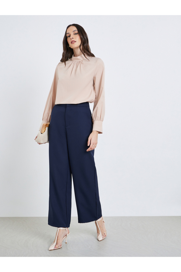 Women Navy Blue Wide Leg Trousers