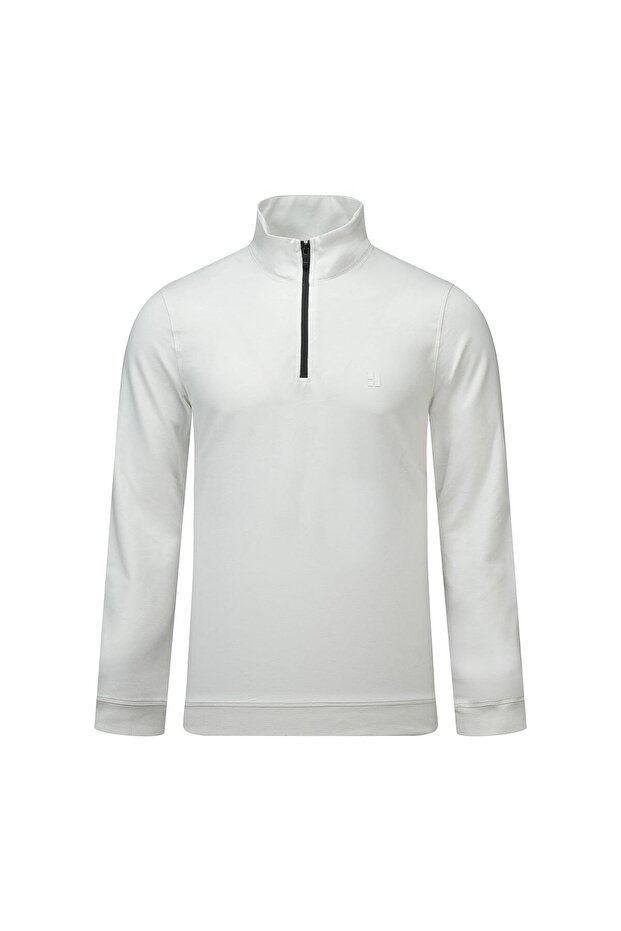 White Regular Fit Half Turtleneck Zipper Sweatshirt