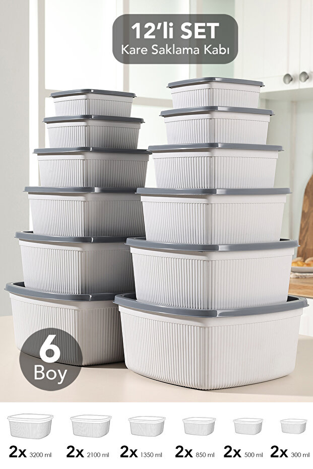 Set of 12 Striped Square Storage Containers - Microwave Safe Organizer Food Container 6 Sizes Gray