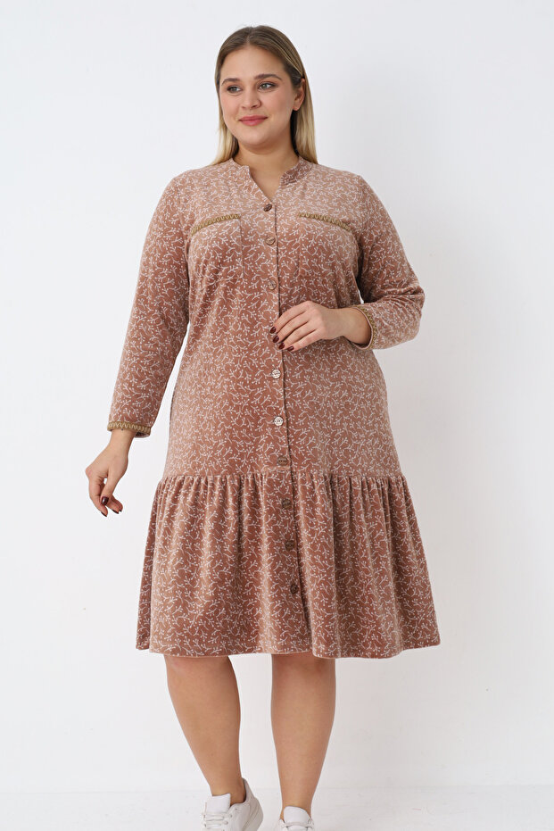 Women's Plus Size Patterned Buttoned Cotton Velvet Flounce Long Sleeve Dress