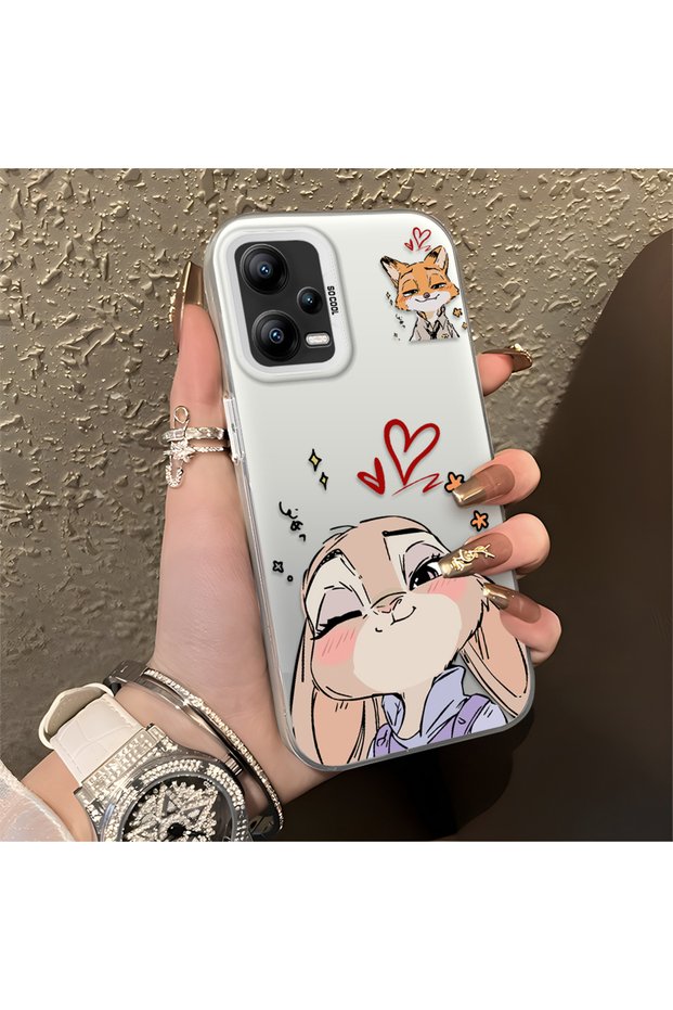 Redmi Note 12 5g Compatible Heart-Themed Fox Rabbit Printed Case, Matching Cover for Friend and Couple