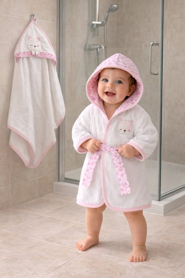Baby Girl Cute Cat Figured Slippers, Bathrobe and Towel Set, 100% Cotton Fabric, 0-2 Years Old