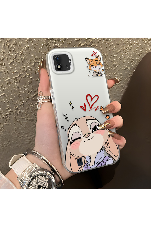 Realme C20/C20A Compatible Heart-Themed Fox Rabbit Printed Case, Matching Cover for Friends and Couples