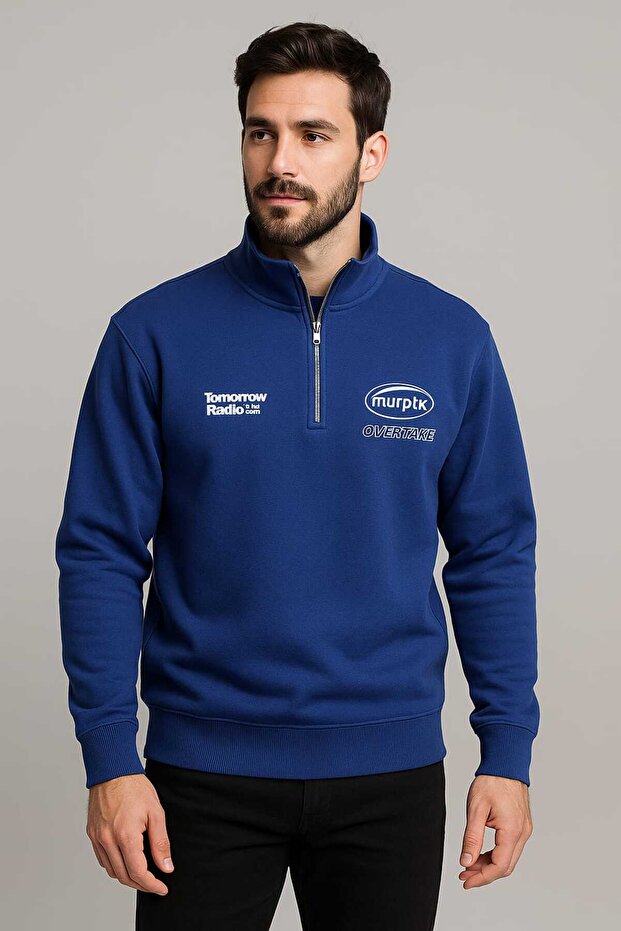 Regular Fit Printed Blue Mock Neck Zippered Sweatshirt