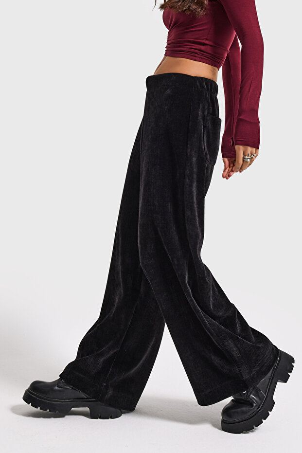 Women's Black W5-1 Palazzo Fit Velvet Velvet Fabric Trousers