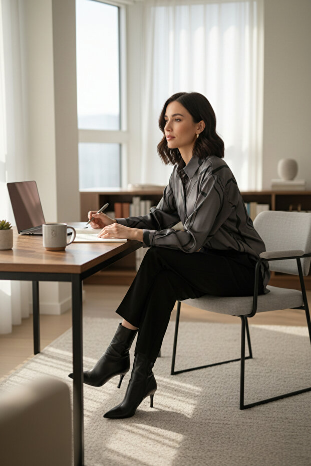 Kadın Parlak Dokulu Basic Gömlek - 2