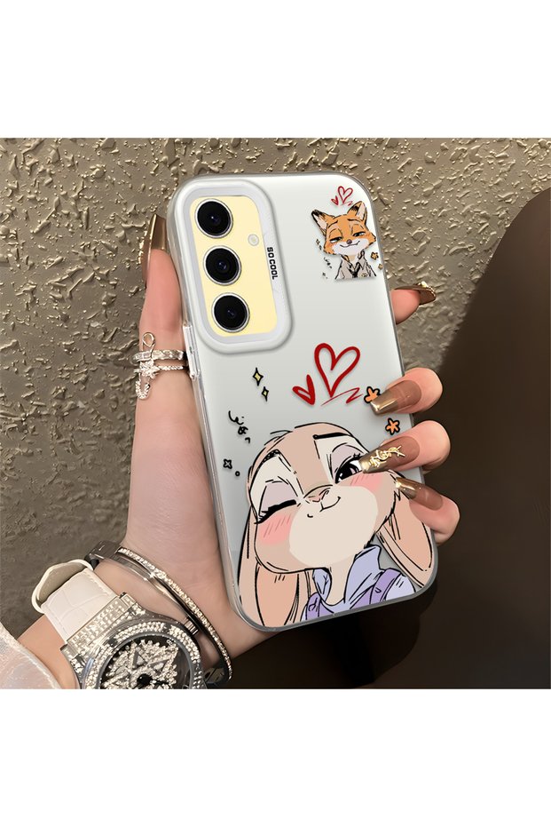 Samsung Galaxy S24 Fe Compatible Heart-Themed Fox and Rabbit Printed Case, Matching Cover for Friends and Couples