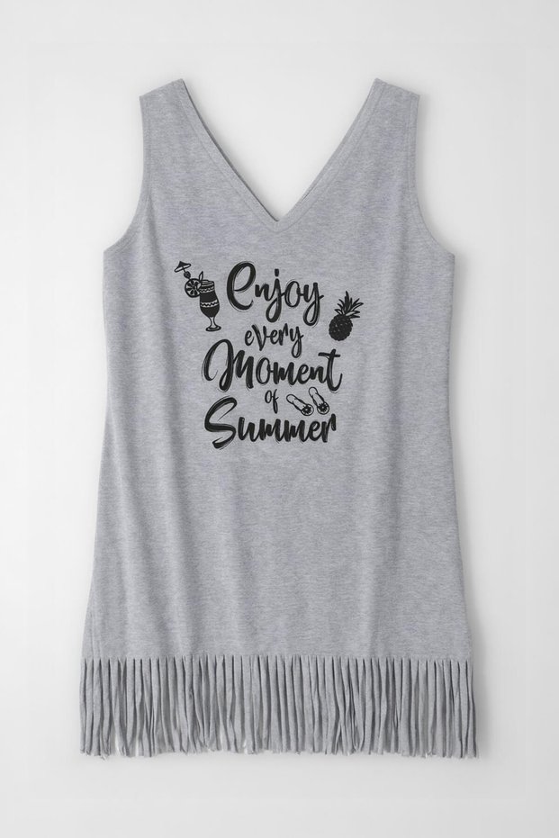Women's V-Neck Enjoy Printed Tassels Slim Gray Beach Dress