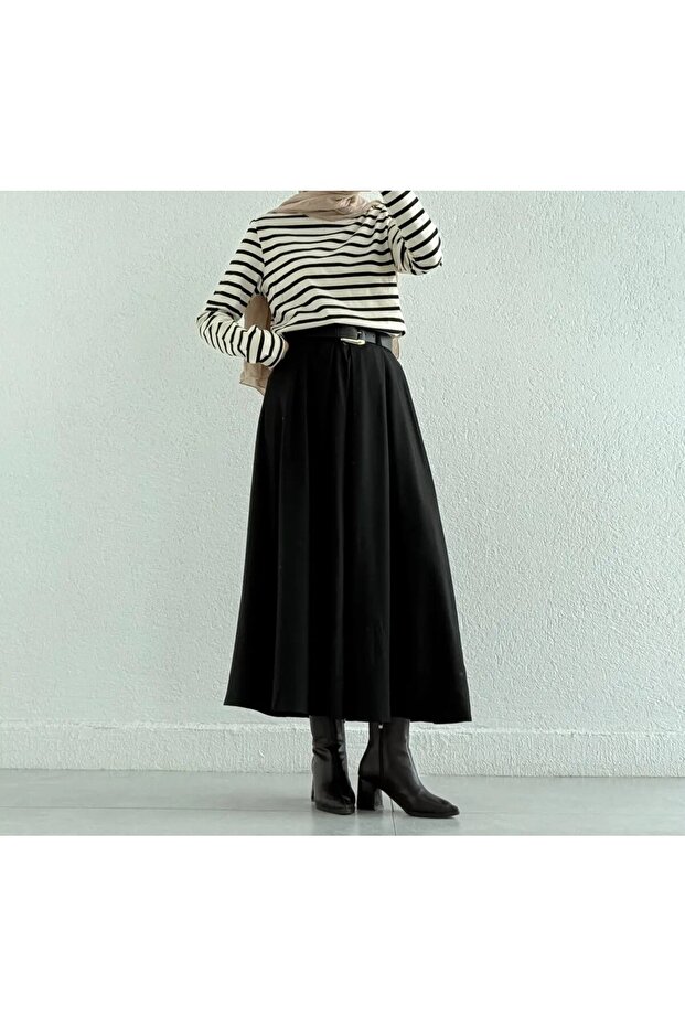 Pleated High Waist Belted Long Skirt