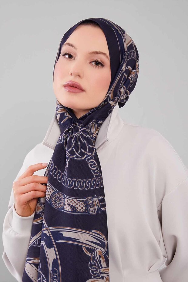 Navy Blue Mixed Patterned Wool Silk Shawl - 1