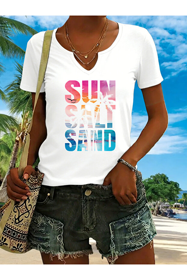 Women's Sun Salt Printed Half V-Neck Sleeves Regular Fit Comfortable T-Shirt