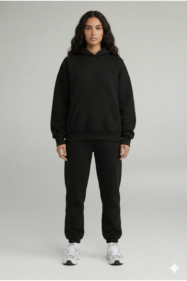 Women's Daily Oversized Black Hooded Tracksuit Set Winter Cotton Lined