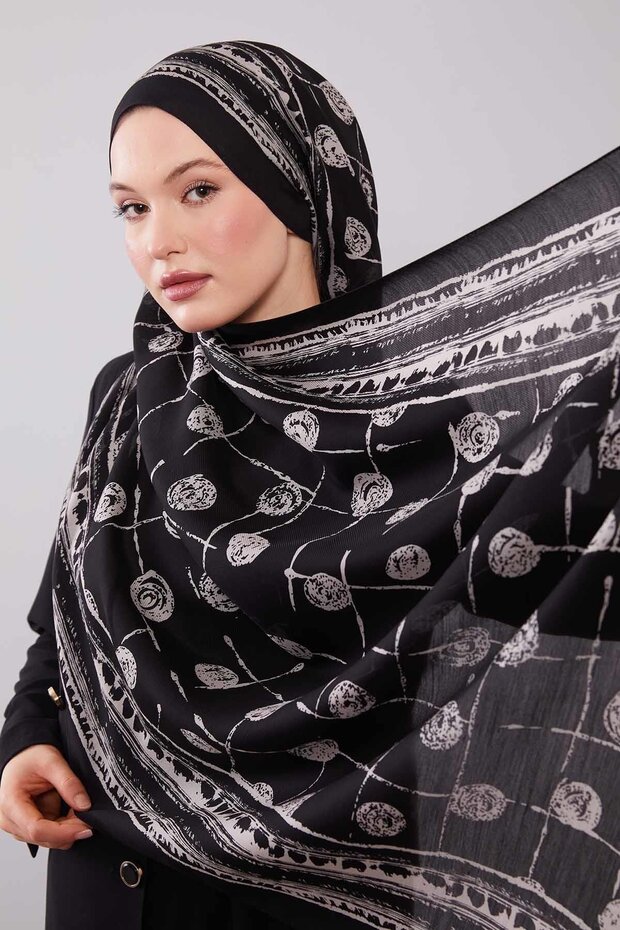 شال حريري من الصوف بنمط دائري باللونين الأسود والأبيض - 2