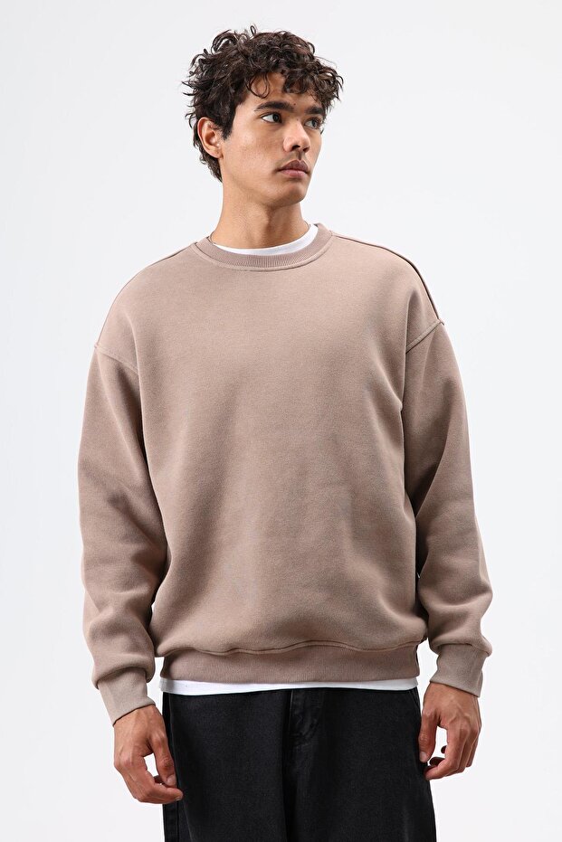 سويت شيرت بيسك قصة فضفاضة قابل للغسل باللون البني - 4