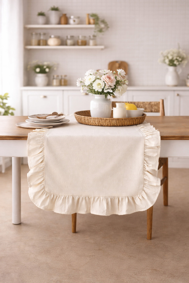 مفرش طاولة من الكتان المكشكش 40 × 110 سم - 2