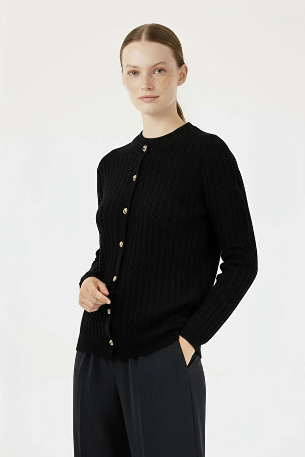 Black Knitted Patterned Women's Cardigan