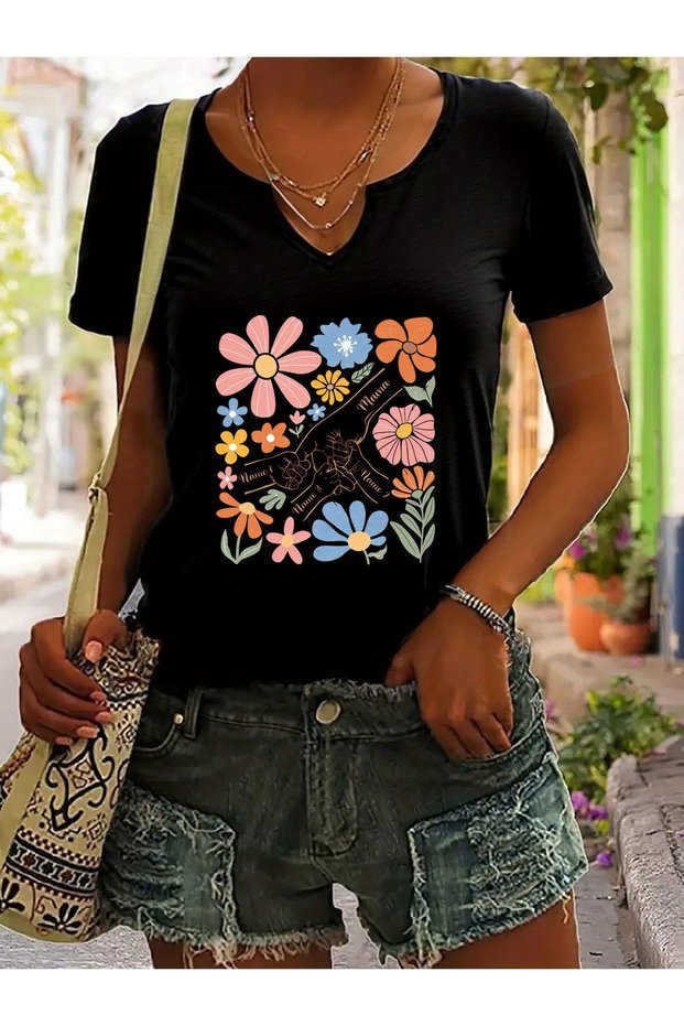 Women's Printed Half V-Neck Sleeves Regular Fit Casual T-Shirt