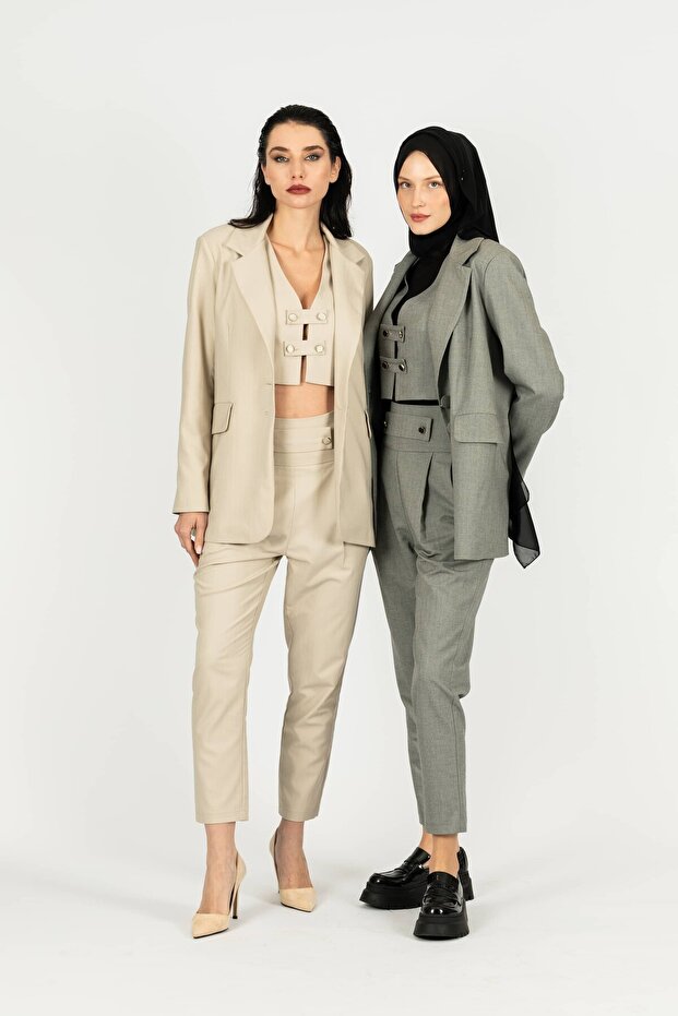 Suit Woven Thick Belt Detailed Carrot Trousers