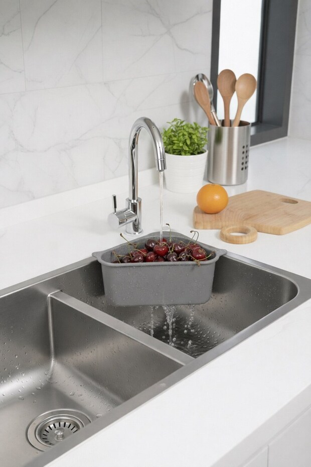 مصفاة حوض المطبخ على شكل مثلث مع مصاصة، مصفاة زاوية لحوض المطبخ باللون الرمادي - 6