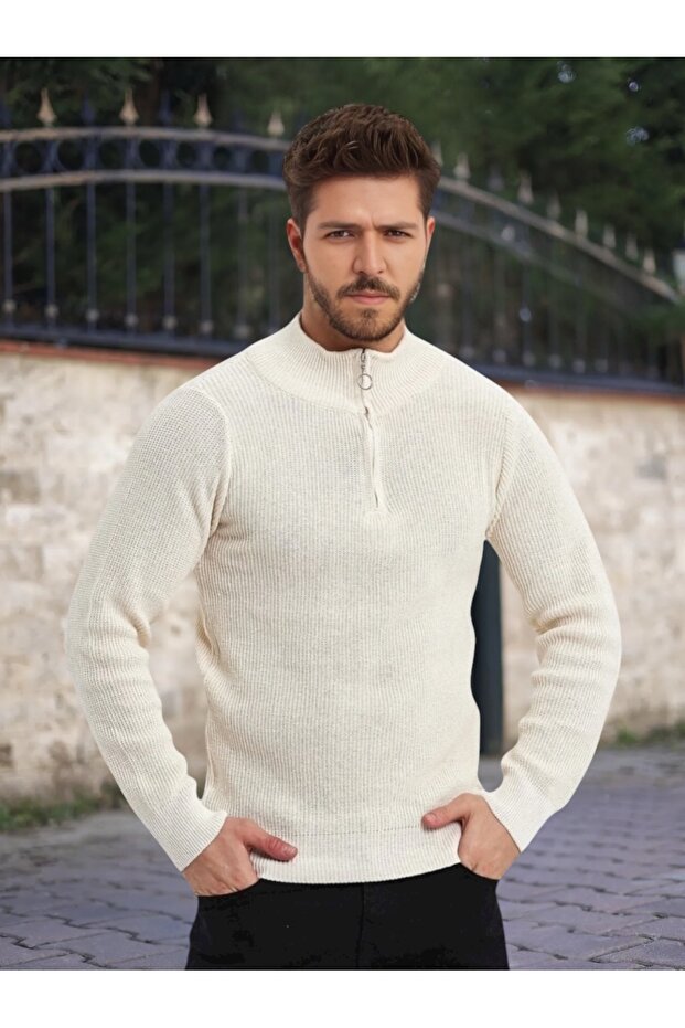 Men's Knitwear Sweater with Half Zipper (Ekru)