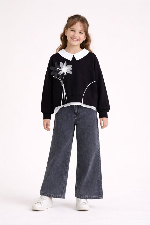 Black Floral Detailed Badili Shirt Girls' 3-Piece Top and Bottom Set 23529