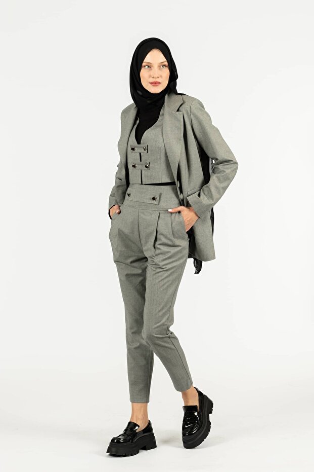 Suit Woven Thick Belt Detailed Carrot Trousers