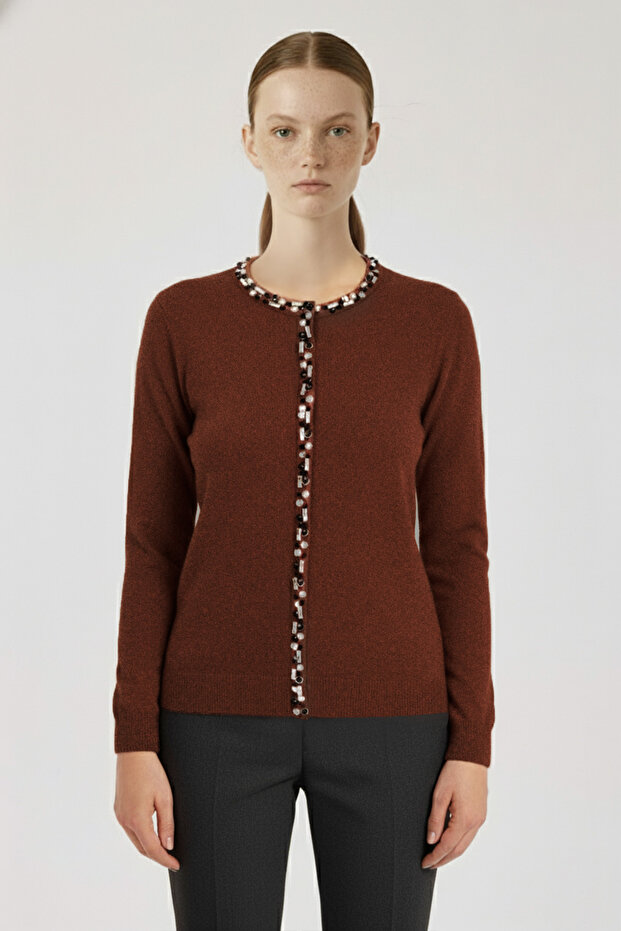Brown Stone Embroidered Women's Cardigan