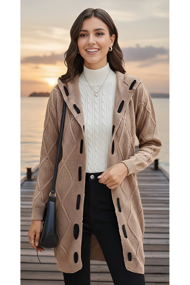 Women's Knitwear Cardigan Jacket Camel Long Sleeve Hooded Embossed Patterned Stripe Paneled