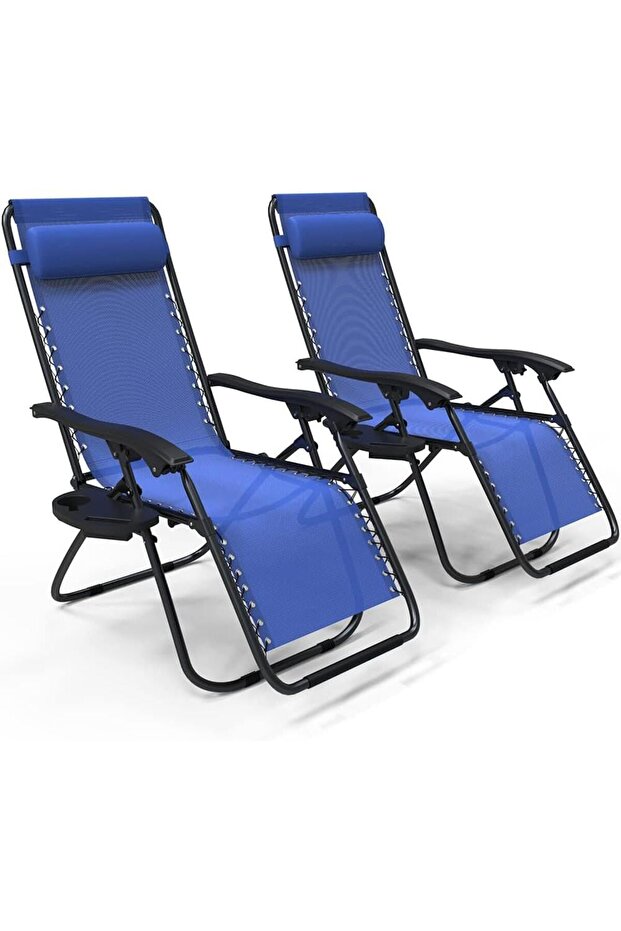 Zero Gravity Chair, Set of 2, Deck Folding Recliner Sun Loungers Outdoor Chair with Cup and Phone Holder, Blue