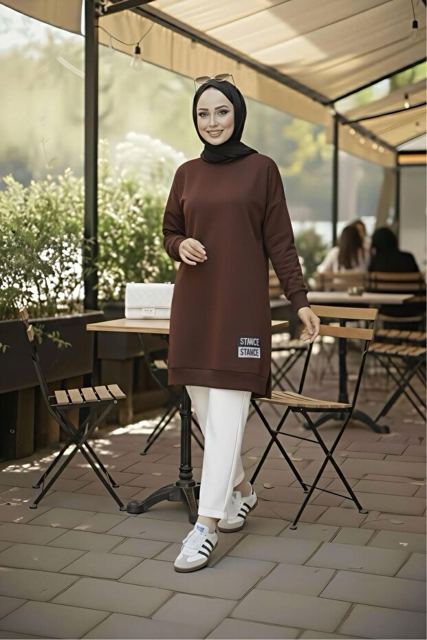 Brown Crew Neck Embroidered Tunic