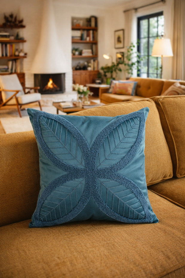 Punch Embroidered Throw Pillow Cover - 43*43 cm - 4 Sheets Petrol Blue - Pnk001