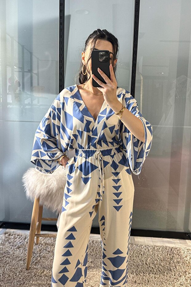Back-Tie Geometric Pattern Double Set - Blue Blue - 3