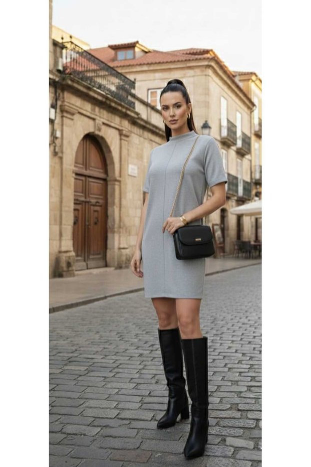 Dress Gray Women's Thessaloniki Above Knee Mini Daily Midi High Neck Gathered Lightweight Lycra Fit Model