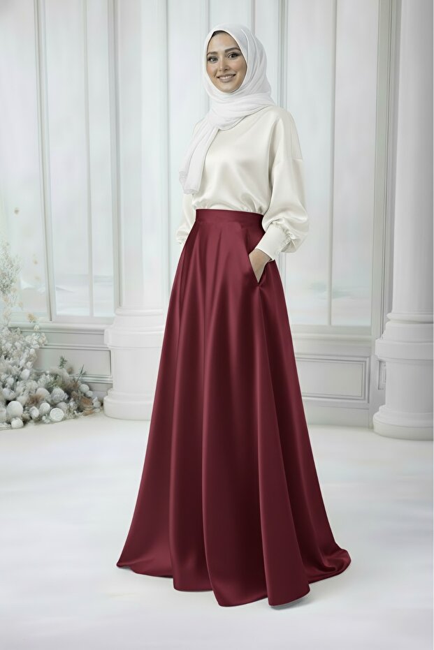 Women's Hijab Burgundy Padded Pocketed Kiloş Skirt