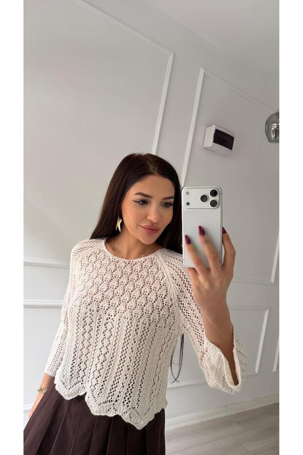Kırık Beyaz Triko İspanyol Kol Örme Bluz - 3