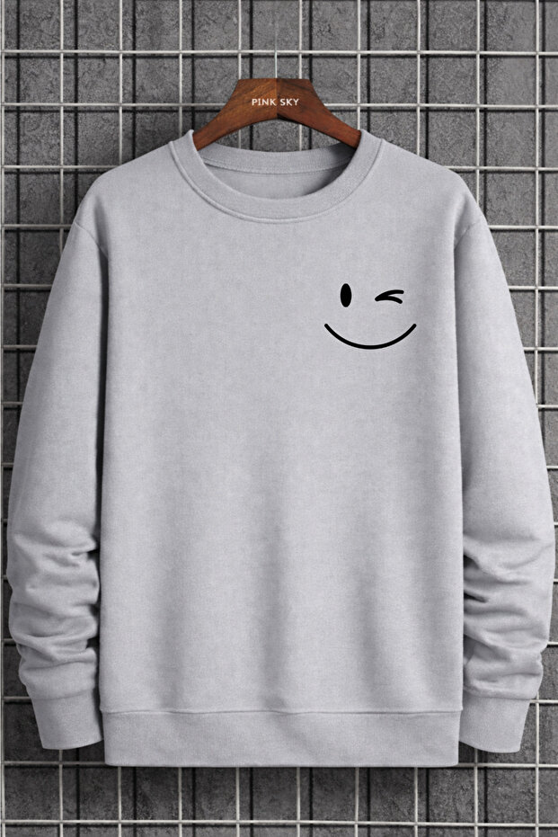 سويت شيرت للجنسين قصة فضفاضة قطن مطبوع سويت شيرت Winking Smiley