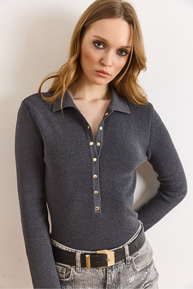 Women's Anthracite Polo Collar Snap Detailed Soft Textured Sweater Kzk-19001136